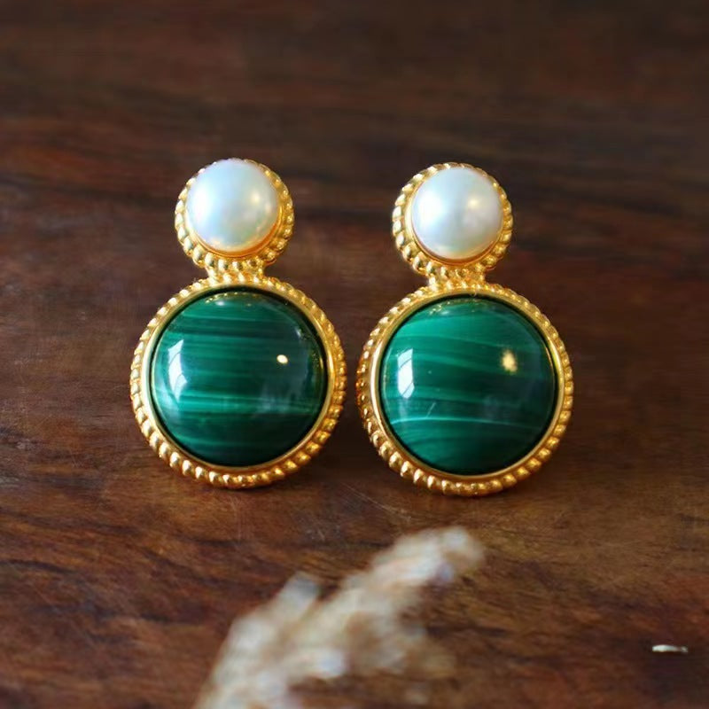 Green Malachite Pearl Stud Earrings For Women