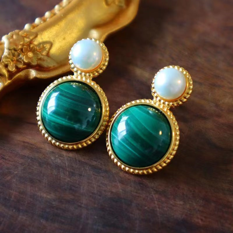 Green Malachite Pearl Stud Earrings For Women