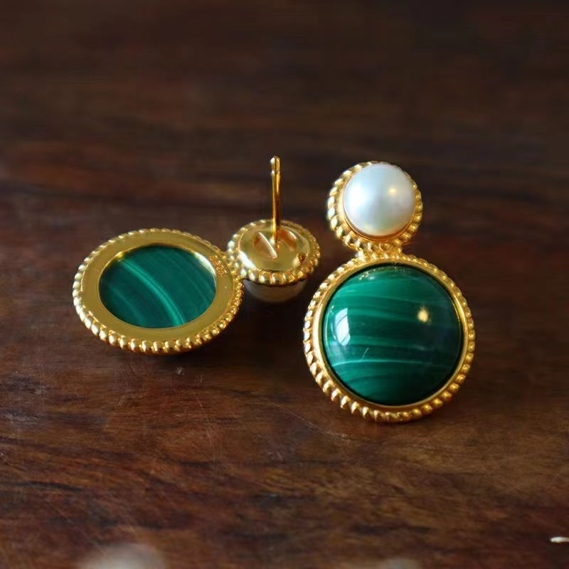 Green Malachite Pearl Stud Earrings For Women