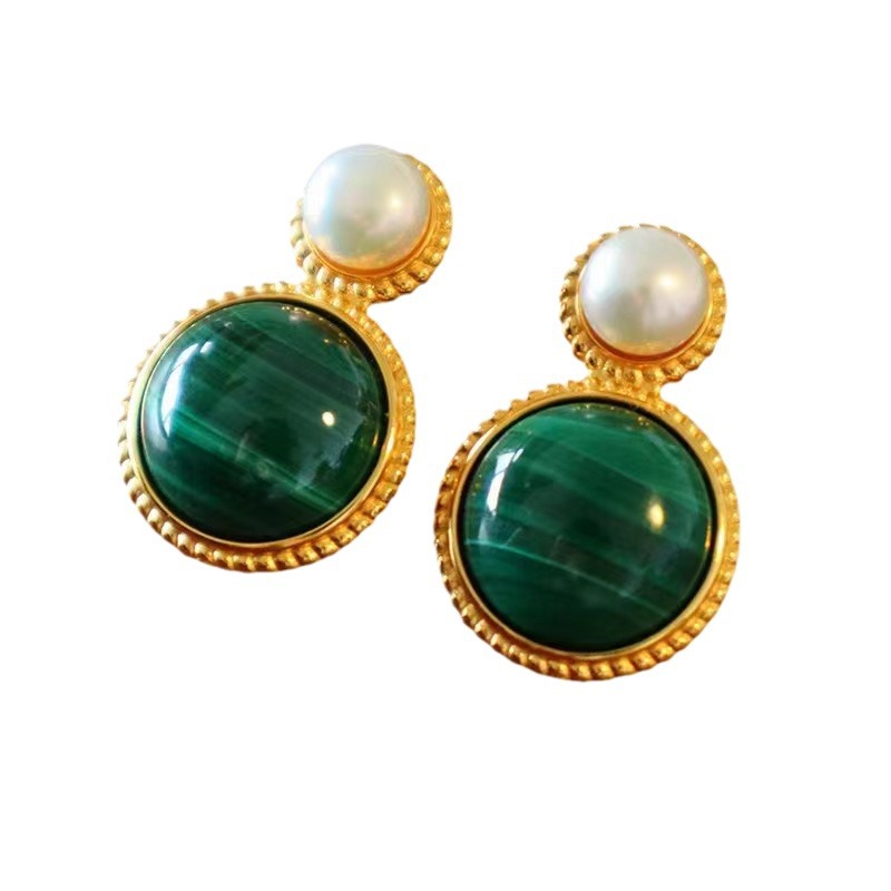 Green Malachite Pearl Stud Earrings For Women